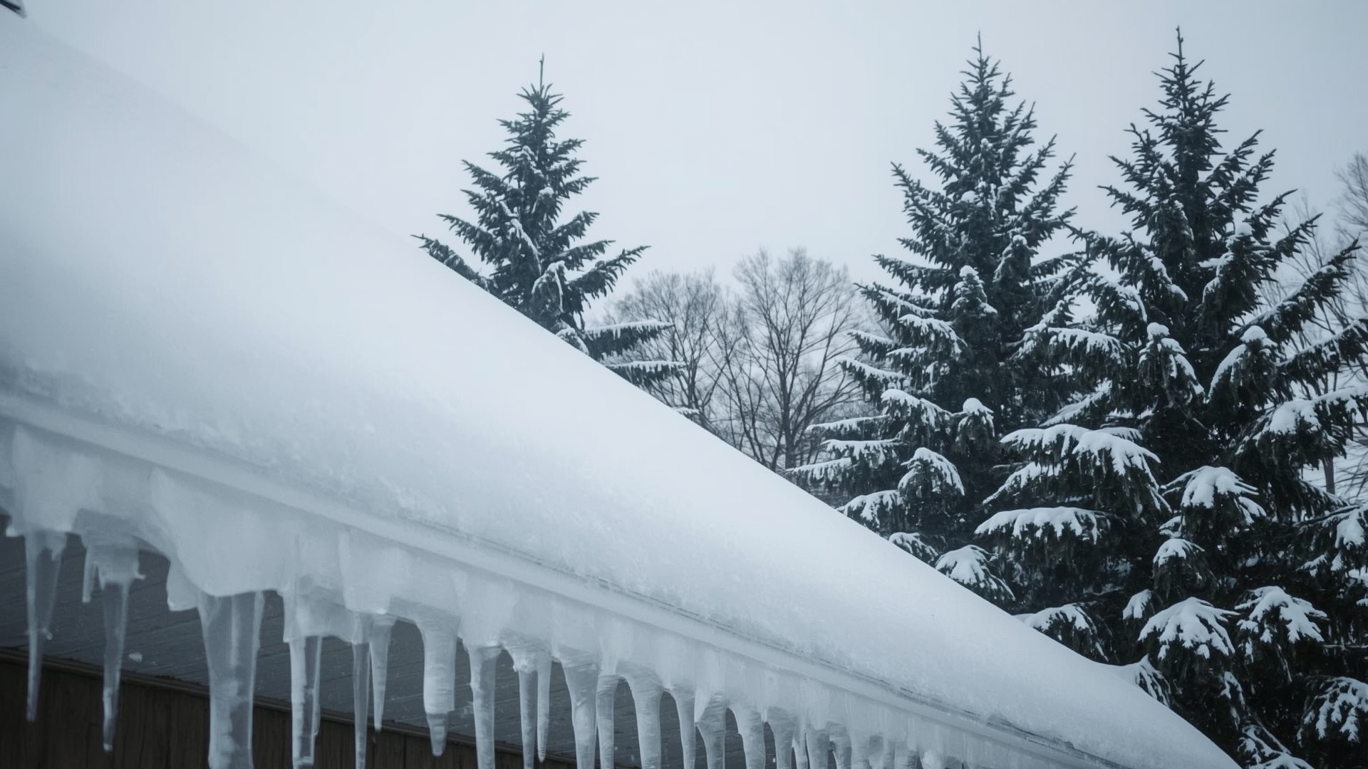 Snow-covered residential roof with icicles showing winter freeze-thaw stress conditions on shingles