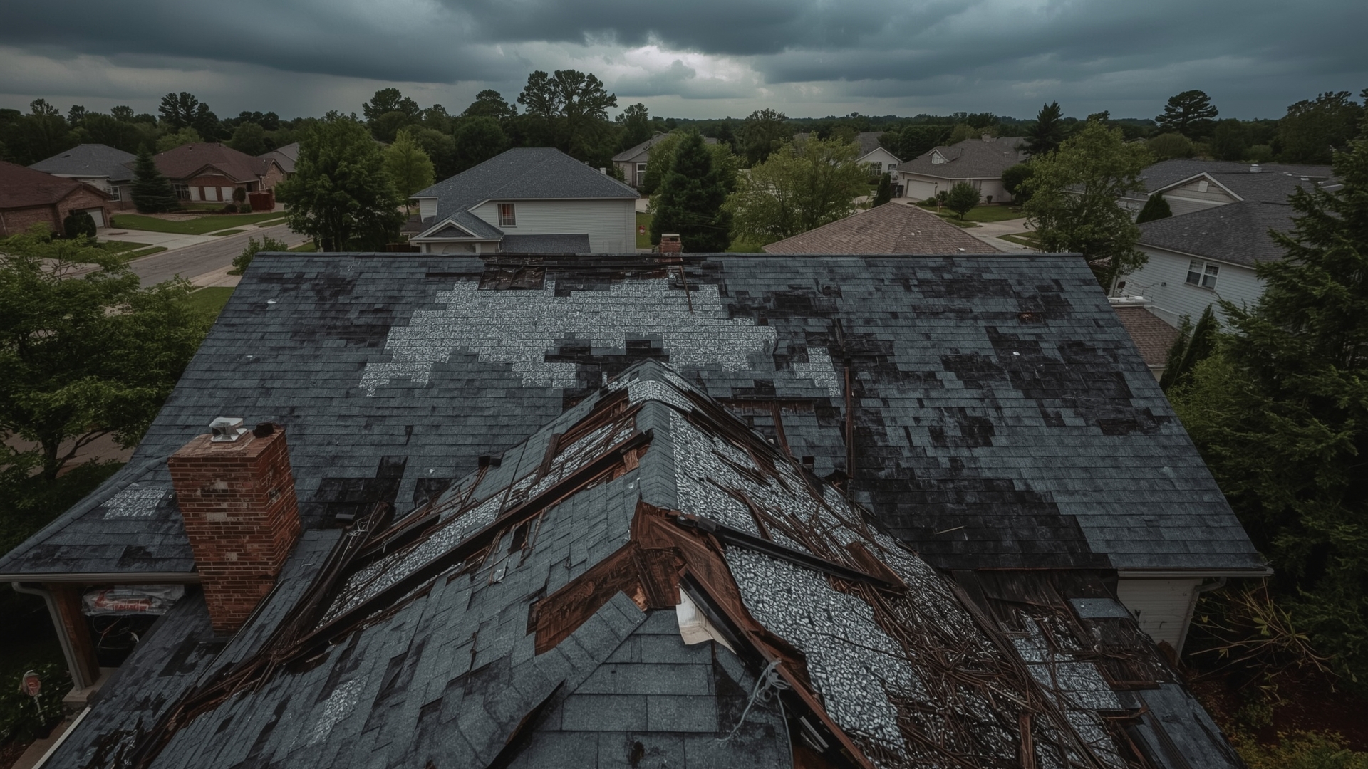 Storm-damaged residential roof showing missing shingles and hail impact for insurance claim