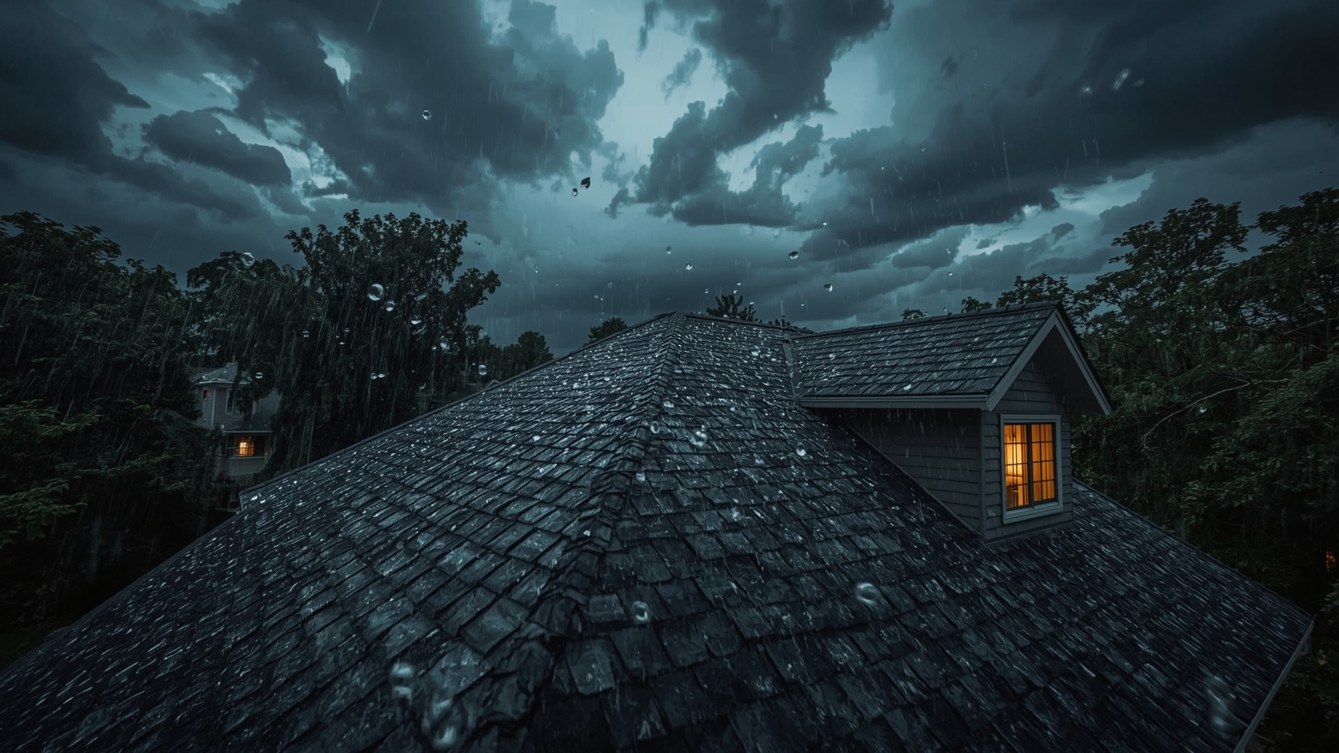 Synthetic slate roof shingles withstanding large hailstones and strong winds during severe storm