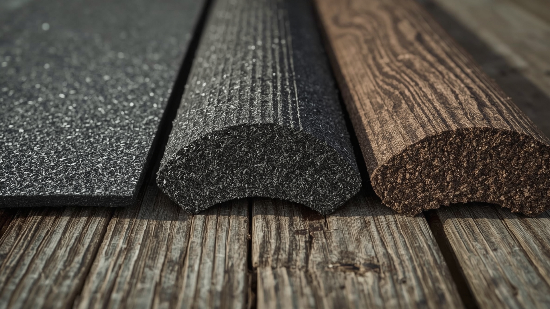 Three asphalt shingle product tier samples showing texture and thickness differences side by side