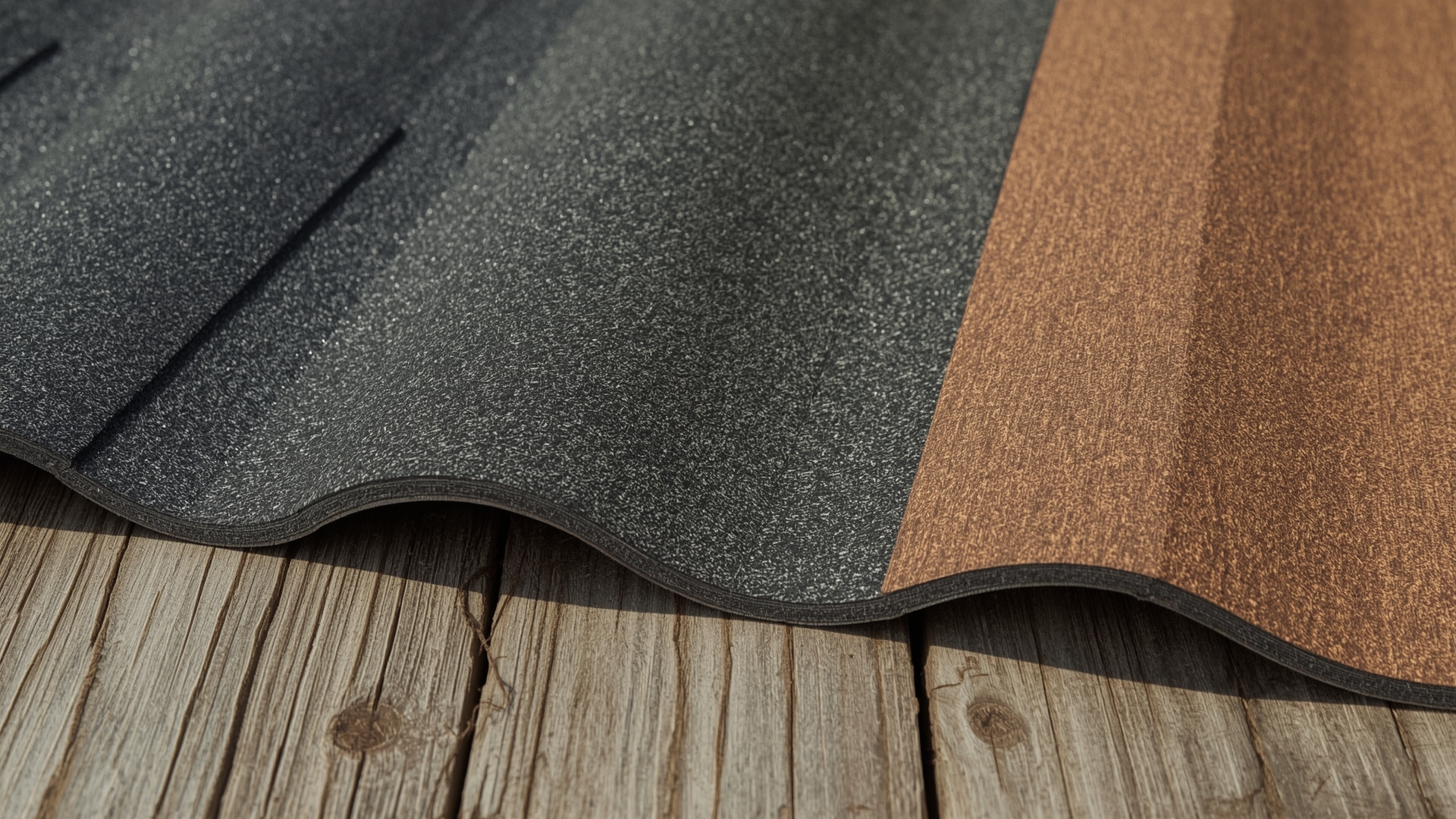 Three synthetic roofing shingle types showing polymer composite, rubber slate, and cedar shake textures