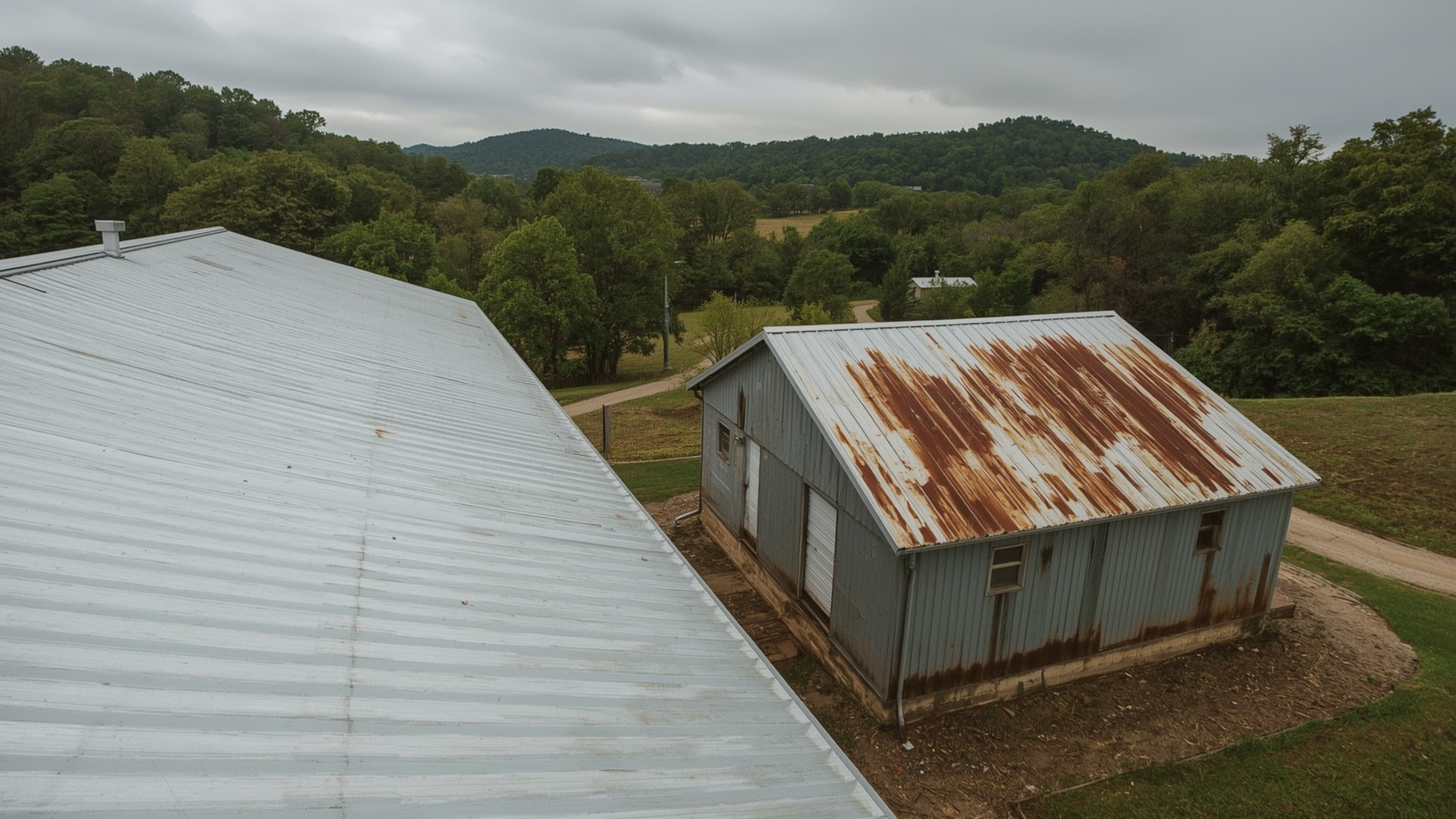 Two metal roofs in rural setting showing corrosion resistance differences between Galvalume and galvanized steel