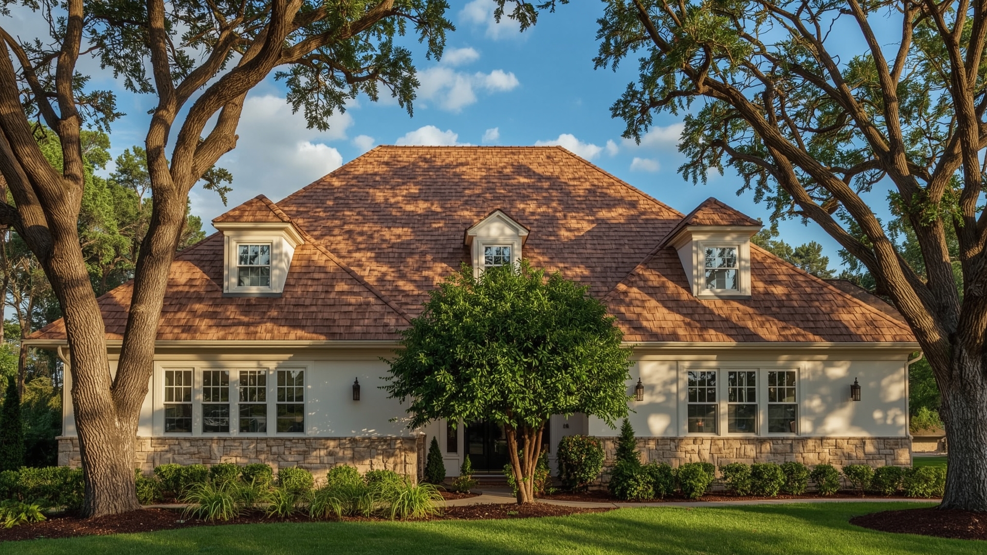 Upscale craftsman home with synthetic cedar shake roofing shingles glowing in golden evening light