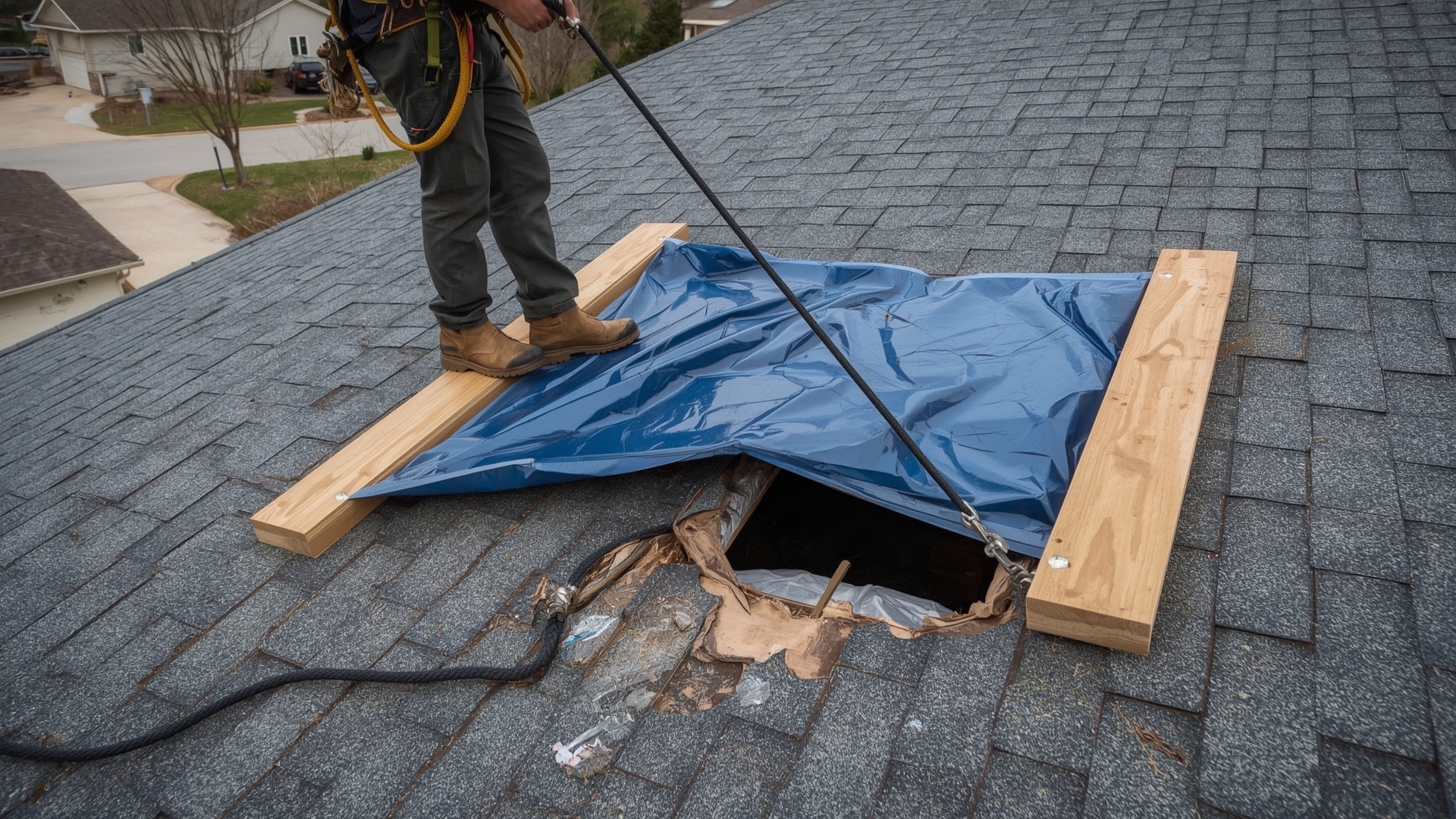 Worker securing blue polyethylene tarp over damaged roof section using wooden boards